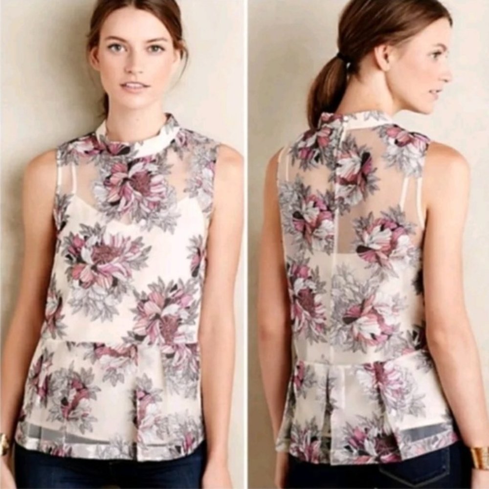 MOULINETTE SOEURS Pink Floral Terrace Swing Peplum Mock Neck Tank Top Size 2